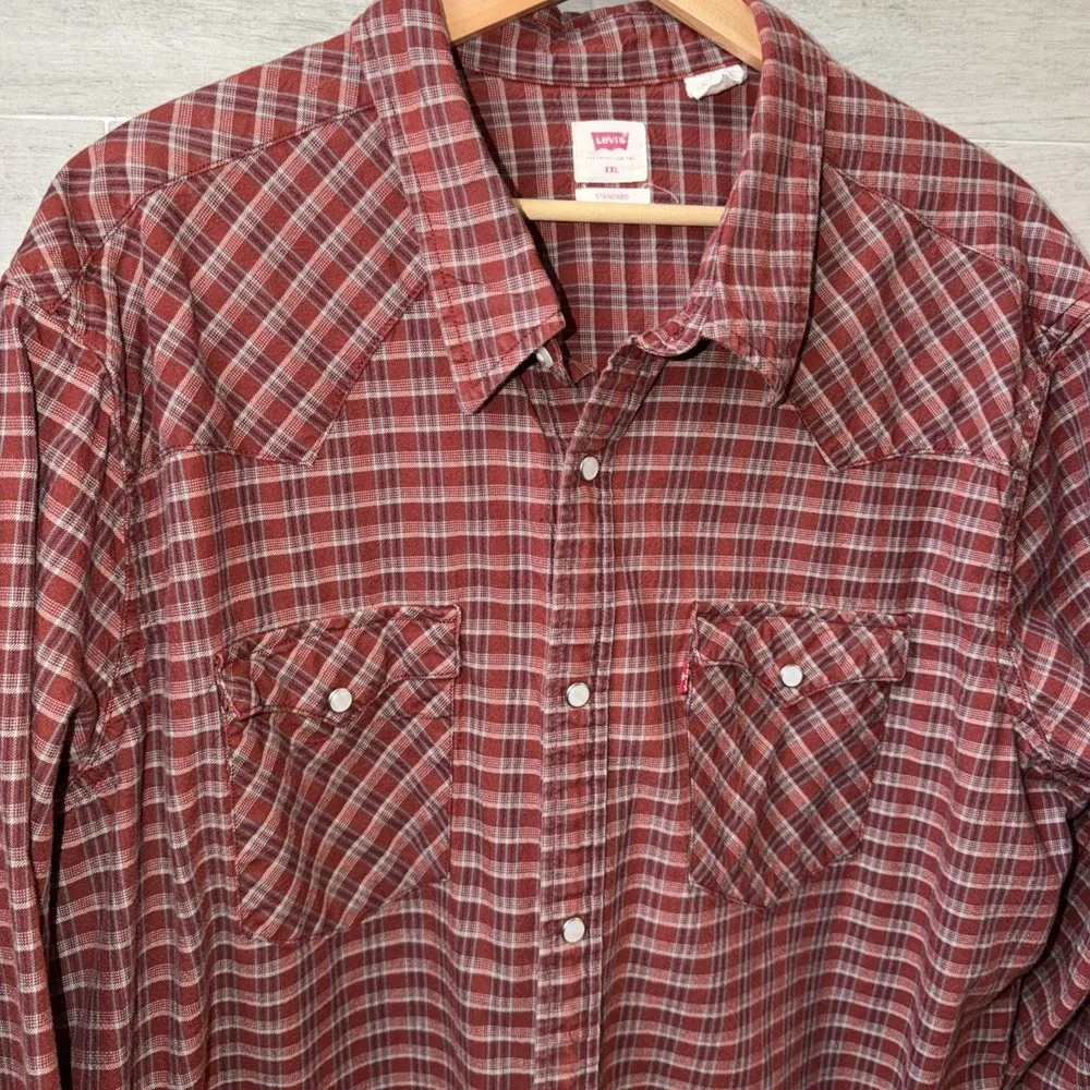 Levi's Pearl Snap Western Wear Red Plaid Long Sleeve Button Down Shirt Size XXL